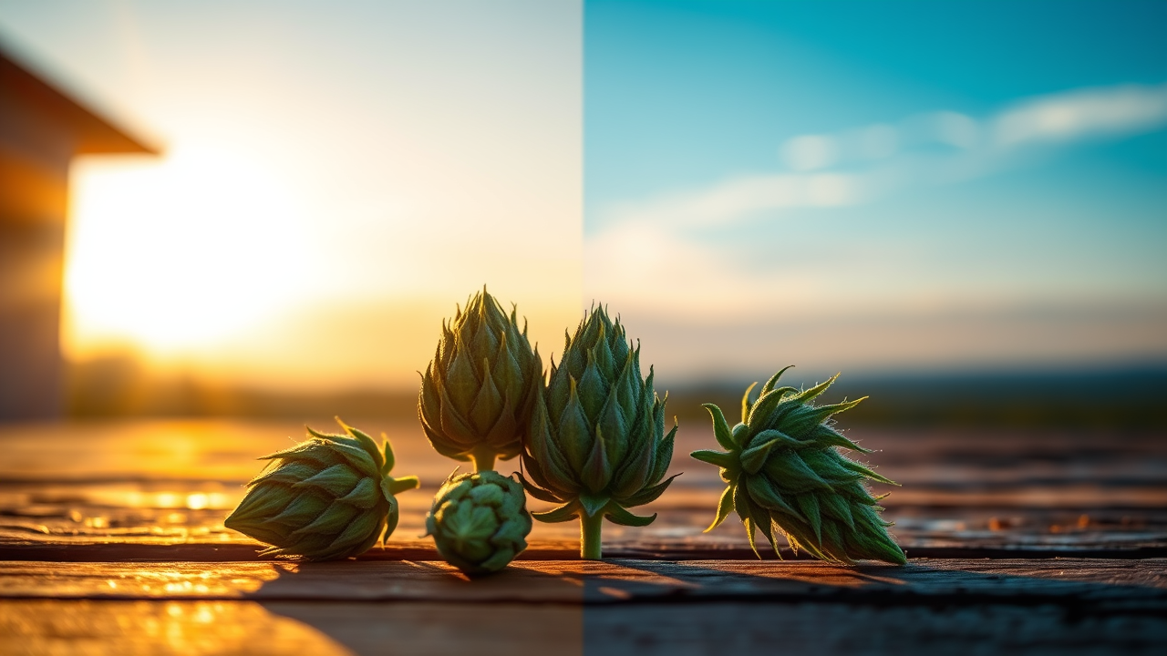 Tres cogollos de flor de CBD en una mesa rústica, con una iluminación dividida entre luz cálida y luz fría.