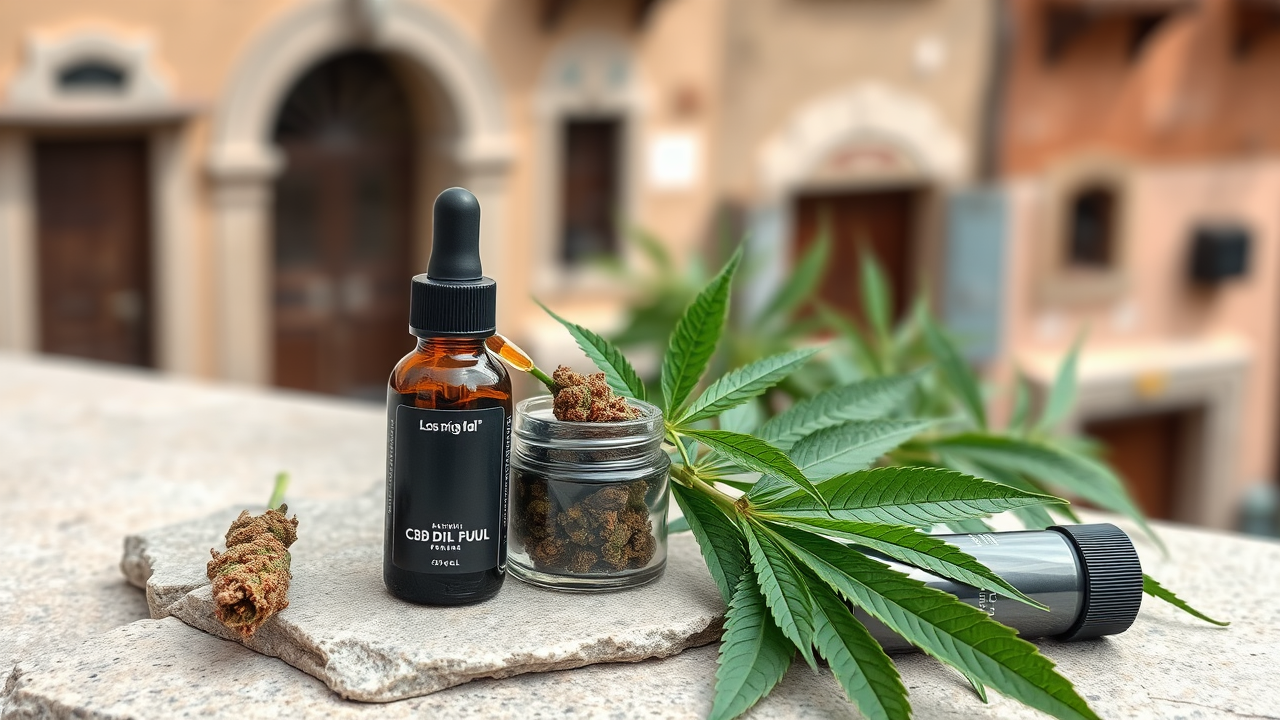 Productos CBD premium Los Niños de la Puri: aceite, flores y cosméticos. Presentación natural con fondo de Granada, simbolizando calidad y bienestar.